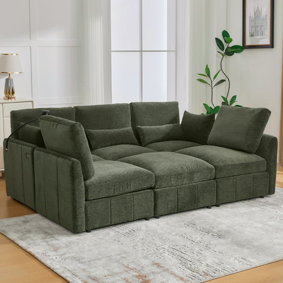 Harper & Bright Designs Modular Sectional Sofa Set with Ottoman, L-Shaped Couch with USB, Chenille Upholstered Sectional Sofa with Phone Holder for Living Room, Green