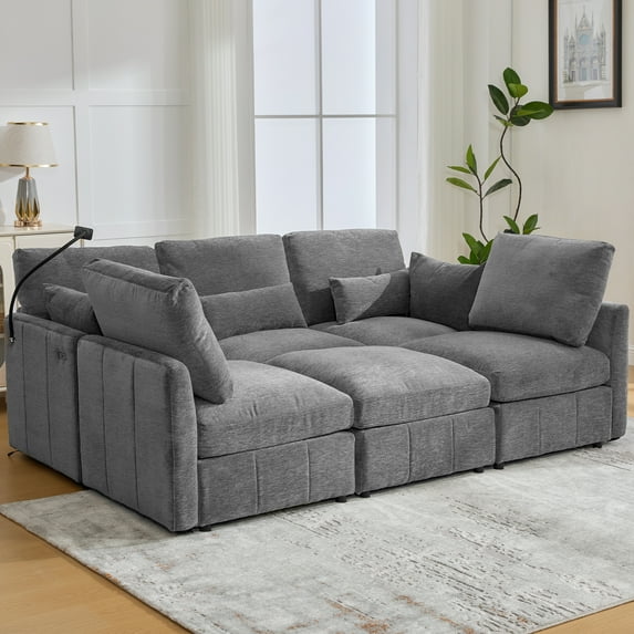 Harper & Bright Designs Modular Sectional Sofa Set with Ottoman, L-Shaped Couch with USB, Chenille Upholstered Sectional Sofa with Phone Holder for Living Room, Grey