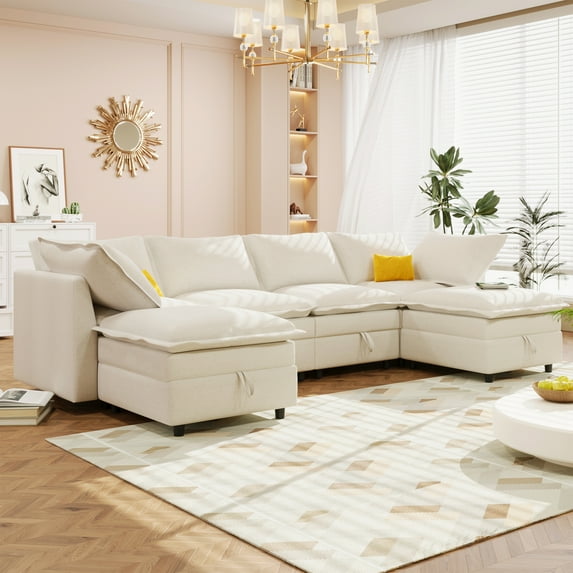 Harper & Bright Designs Modular Sectional Sofa with Storage Underneath, L-Shaped Couch with Ottomans, Upholstered Sectional Sofe with for Living Room, Beige
