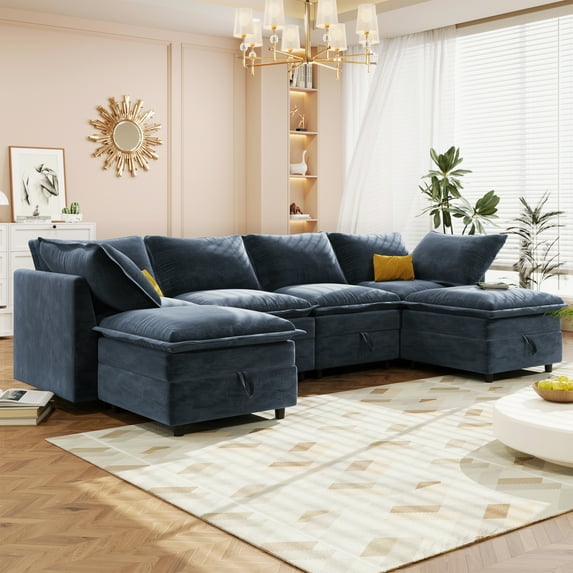 Harper & Bright Designs Modular Sectional Sofa with Storage Underneath, L-Shaped Couch with Ottomans, Upholstered Sectional Sofe with for Living Room, Dark Blue