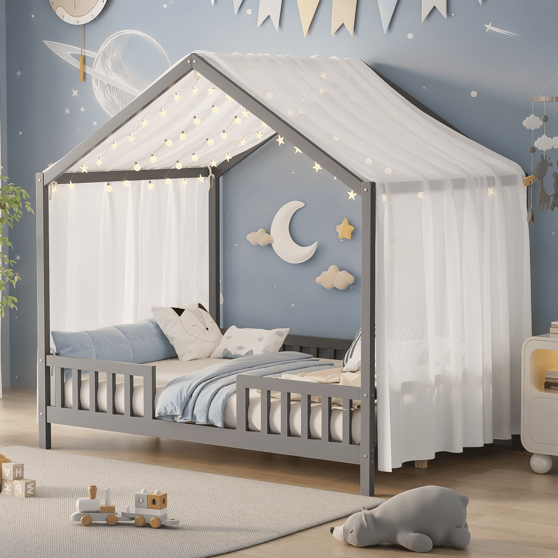 Harper & Bright Designs Montessori Floor Bed with Canopy and Roof, Full Wood House Shape Bed Frame with Railings for Girls Boys Bedroom, Grey