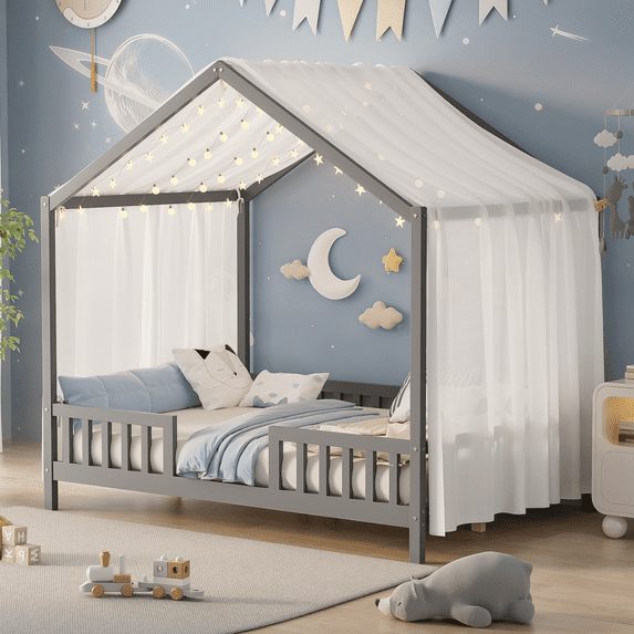 Harper & Bright Designs Montessori Floor Bed with Canopy and Roof, Full Wood House Shape Bed Frame with Railings for Girls Boys Bedroom, Grey