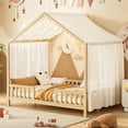 thumbnail image 1 of Harper & Bright Designs Montessori Floor Bed with Canopy and Roof, Full Wood House Shape Bed Frame with Railings for Girls Boys Bedroom, Natural, 1 of 12