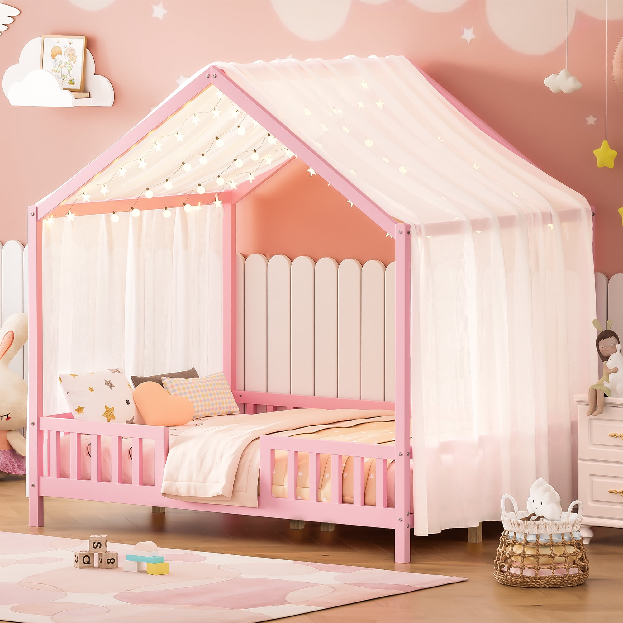 Harper & Bright Designs Montessori Floor Bed with Canopy and Roof, Full Wood House Shape Bed Frame with Railings for Girls Boys Bedroom, Pink