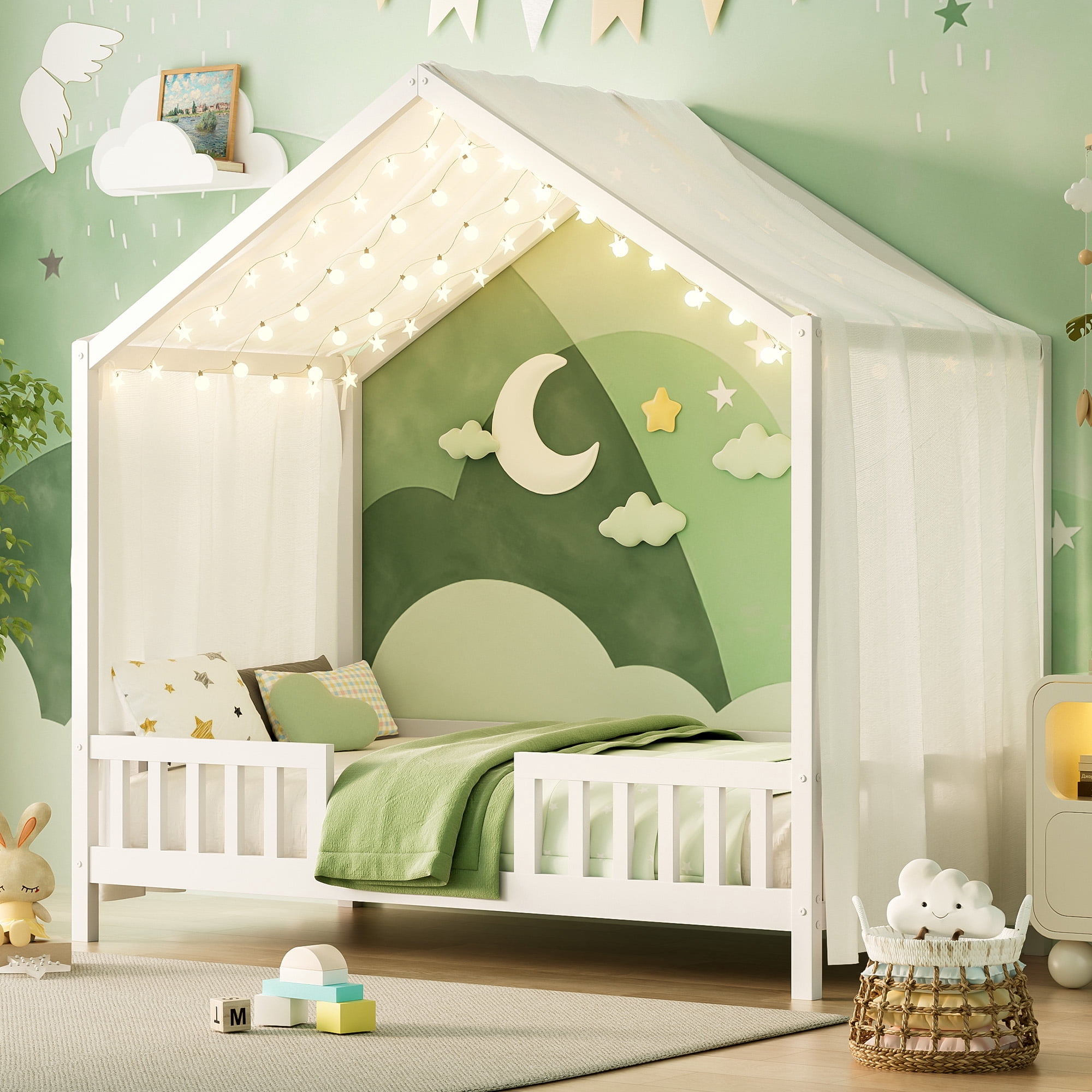 Harper & Bright Designs Montessori Floor Bed with Canopy and Roof, Twin Wood House Shape Bed Frame with Railings for Girls Boys Bedroom, White