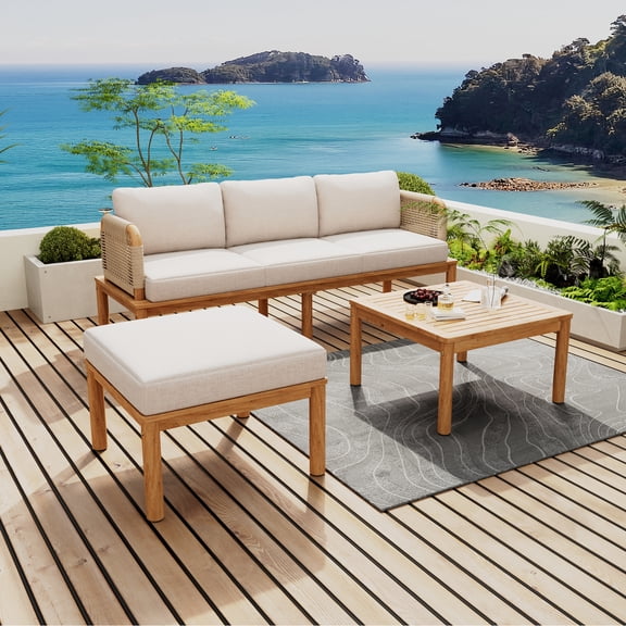 Harper & Bright Designs Outdoor Acacia Wood Furniture Set, Patio Rope Sofa Set with Table, L Shaped Couch with Cushions for Backyard, Teak+ Beige