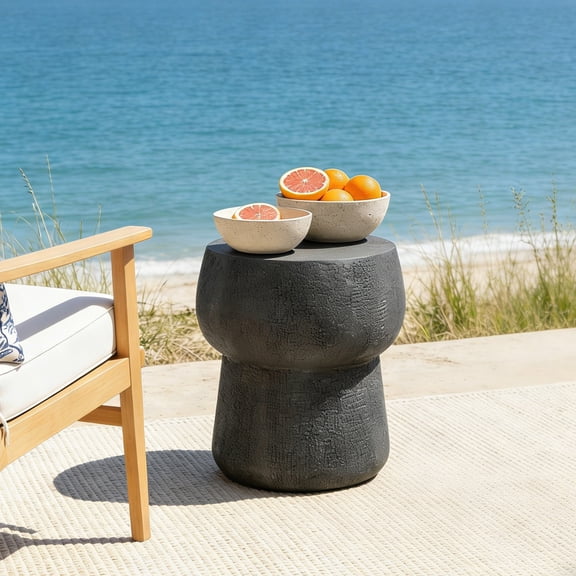 Harper & Bright Designs Outdoor Concrete Coffee Table, Patio Morden Barrel Shape Cement Side Table Accent Table for Garden Backyard, Black