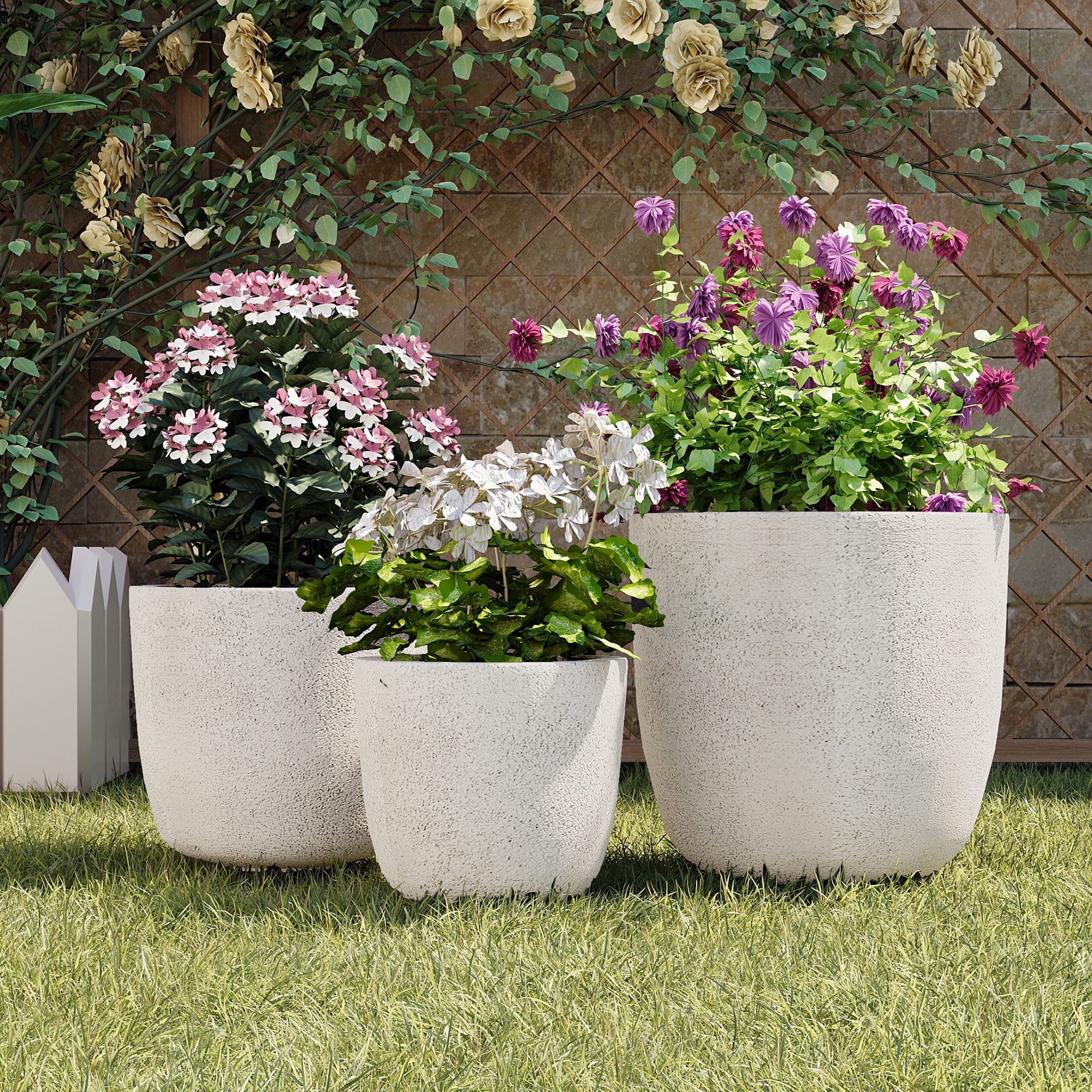 Harper & Bright Designs Outdoor Concrete Planter Set of 3, Patio Flower Pots Stone-Look Textured with Drainage Holes and Rubber Plug for Garden Poolside, White