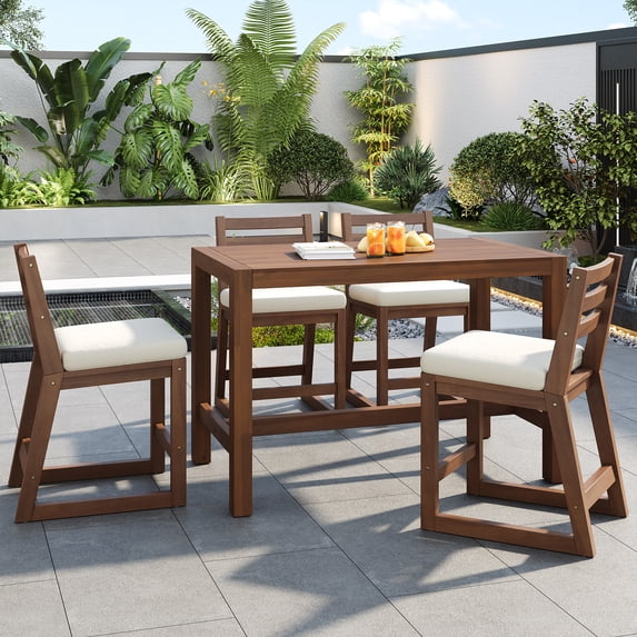 Harper & Bright Designs Outdoor Counter Height Dining Set for 4, 5 Pieces Acacia Wood Patio Dining Table with Slatted Design and Chairs with Cushions for Poolside Balcony Backyard, Mocha