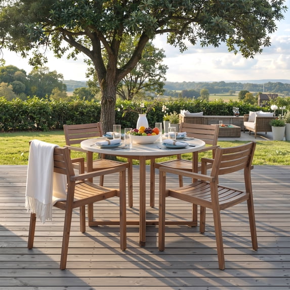 Harper & Bright Designs Outdoor Dining Set for 4, Garden Acacia Wood Round Table with Slatted Design and 4 Chairs, 5 Pieces Patio Dining Table Set, Light Gray,Natural & Light Brown