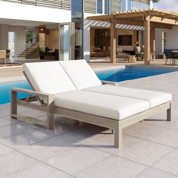 Harper & Bright Designs Outdoor Double Lounge Chair with 5-Position Adjustable Backrest for Each Seat, Wood Patio Sunbathing Poolside Chair with Cushions for Backyard Decck, Grey