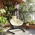 thumbnail image 1 of Harper & Bright Designs Outdoor Hanging Chair with Stand, Indoor Foldable Rattan Egg Swing Chair with Iron Frame and Plush Cushion & Removable Headrest for Porch Garden Balcony, Black+Beige, 1 of 20