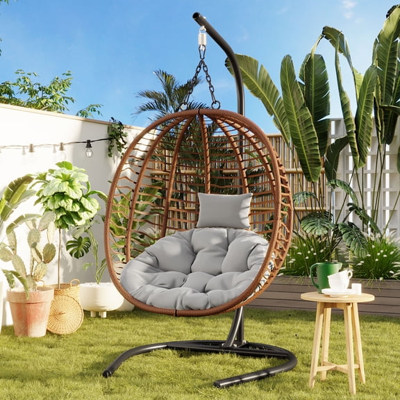 Harper & Bright Designs Outdoor Hanging Egg Chair with Stand, Patio Rattan Folding Egg Chair Indoor, Wicker Hammock Swing Chair with Adjustable Anti-Slip Feet for Balcony Bedroom Garden, Brown+Gray