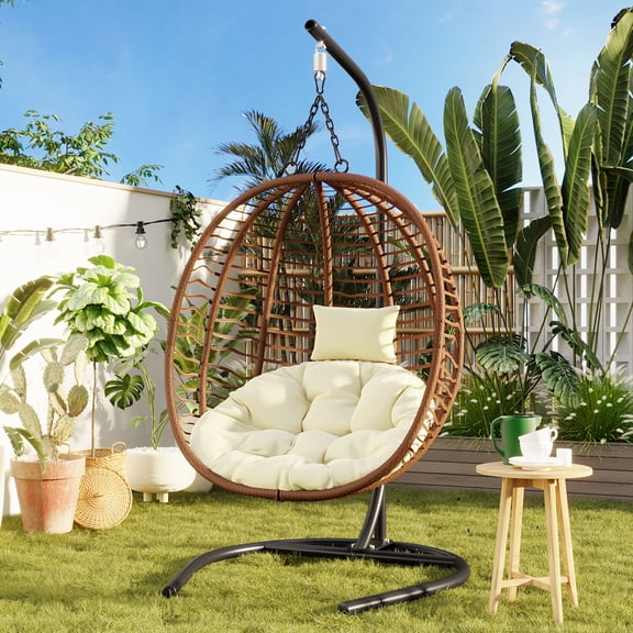 Harper & Bright Designs Outdoor Hanging Egg Chair with Stand, Patio Rattan Folding Egg Chair Indoor, Wicker Hammock Swing Chair with Adjustable Anti-Slip Feet for Balcony Bedroom Garden, Brown+Beige