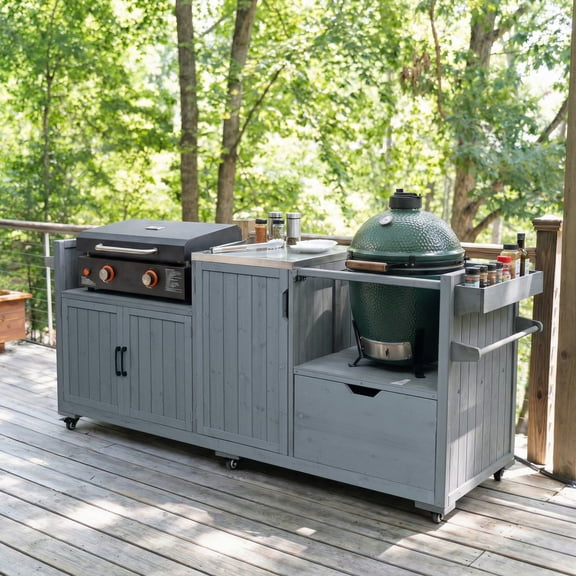 Harper & Bright Designs Outdoor Kitchen Island for Big Green Egg & Blackstone Griddle, Solid Wood Grill Cart Table with Stainless Steel Top, Drawer and 21"/28" Blackstone Griddle, Grey+Blue
