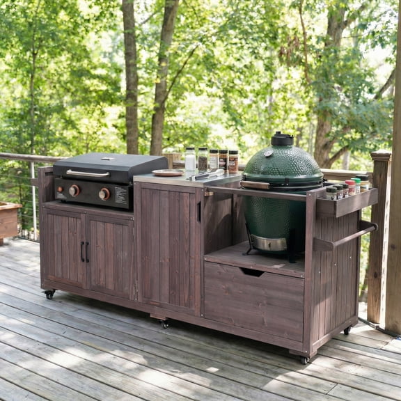 Harper & Bright Designs Outdoor Kitchen Island for Big Green Egg & Blackstone Griddle, Solid Wood Grill Cart Table with Stainless Steel Top, Drawer and 21"/28" Blackstone Griddle, Brown