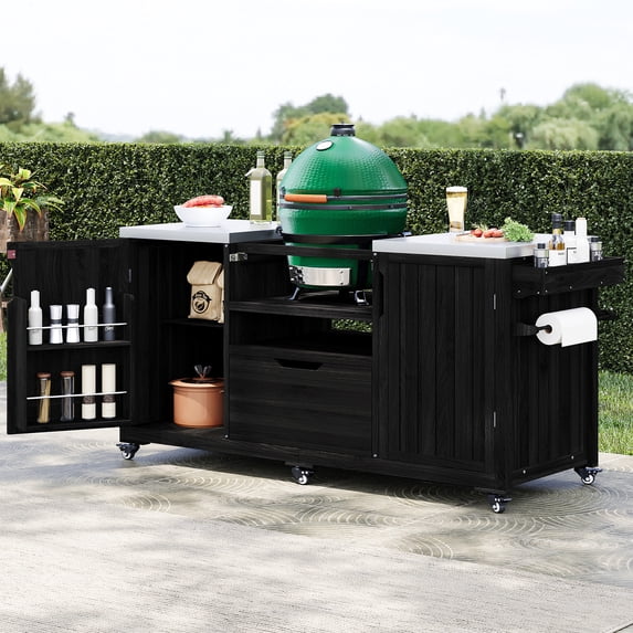 Harper & Bright Designs Outdoor Kitchen Island for Big Green Egg Grills, Solid Wood Outdoor Grill Cart for Tabletop Grill with Stainless Steel Top, Drawer for Large Big Green Egg, Kamado Joe, Black