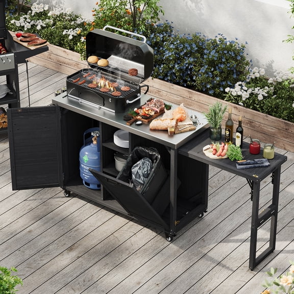 Harper & Bright Designs Outdoor Kitchen Island with Foldable Grill Table, Wood Outdoor Grill Cart with Trash Can Storage & Stainless Steel Top, Outdoor Bar Cart, Pizza Oven Table for Lawn, Black