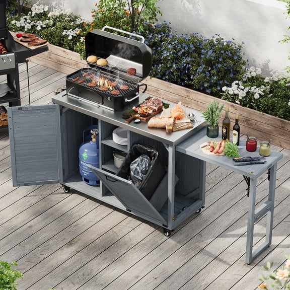 Harper & Bright Designs Outdoor Kitchen Island with Foldable Grill Table, Wood Outdoor Grill Cart with Trash Can Storage & Stainless Steel Top, Outdoor Bar Cart, Pizza Oven Table for Lawn, Grey+Blue