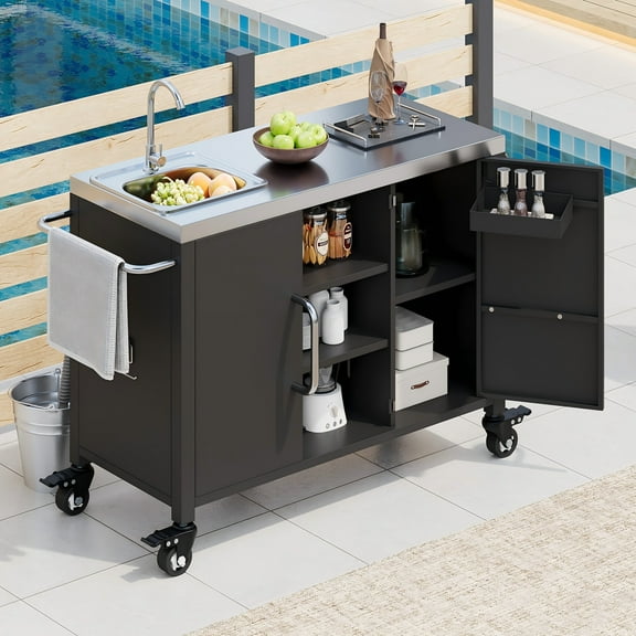 Harper & Bright Designs Outdoor Kitchen Island with Stainless Steel Tabletop, Metal Grill Cart Table with Storage Cabinet & Towel Rack, Outdoor Bar Cart with 4 Lockable Wheels for Outside BBQ, Black