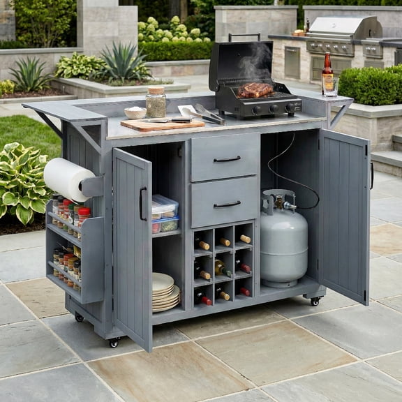 Harper & Bright Designs Outdoor Kitchen Island with Wheels, Rolling Patio BBQ Grill Cart with Stainless Steel Top, Wood Prep Station with Spice Rack & Wine Rack, 2 Drawers, Gray