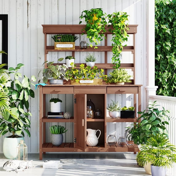 Harper & Bright Designs Outdoor Patio Potting Bench Table with Cabinet, Garden Farmhouse Table for Plants with Hutch, Large All-Weather Potting Table with Drawers and Open Shelves, Brown