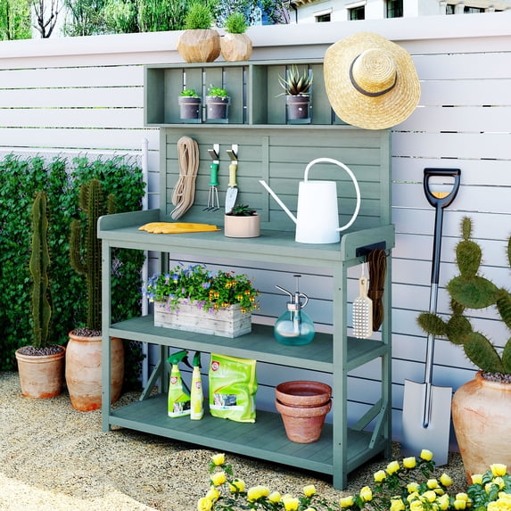 Harper & Bright Designs Outdoor Patio Potting Bench Table with Cabinet, Garden Table for Plants with Hutch, Large Farmhouse Potting Table with 4 Storage Shelves and Side Hook, Green