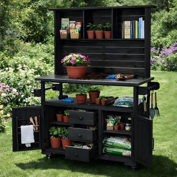 Harper & Bright Designs Outdoor Potting Bench Table with Cabinet, Garden Workstation Table for Plants with Hutch, Large All-Weather Potting Table with Stainless Steel Top, Drawers and Shelves, Black