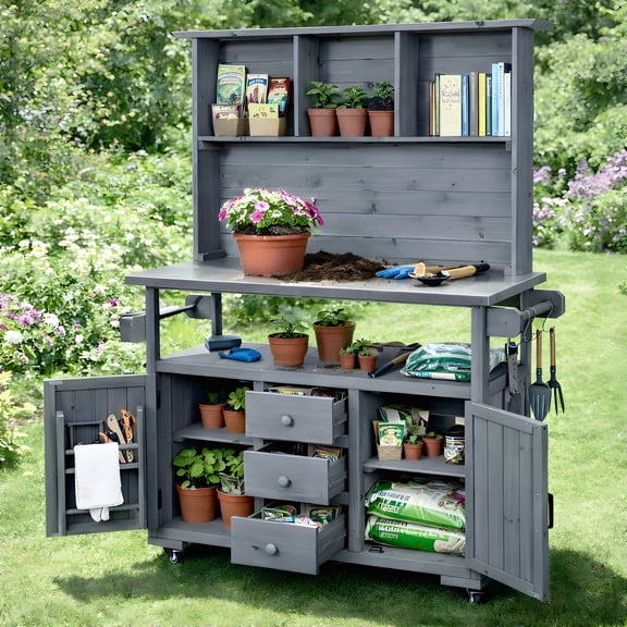 Harper & Bright Designs Outdoor Potting Bench Table with Cabinet, Garden Workstation Table for Plants with Hutch, Large All-Weather Potting Table with Stainless Steel Top, Drawers and Shelves, Gray