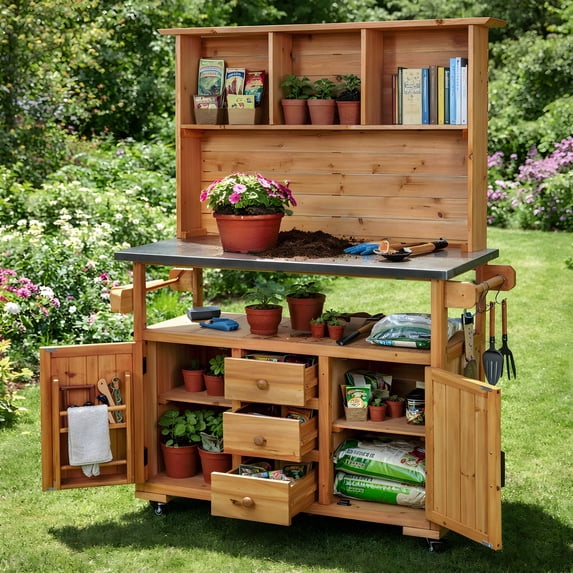 Harper & Bright Designs Outdoor Potting Bench Table with Cabinet, Garden Workstation Table for Plants with Hutch, Large All-Weather Potting Table with Stainless Steel Top and Shelves, Natural