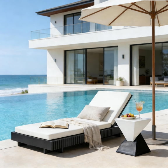 Harper & Bright Designs Outdoor Recliner Chaise Lounge with Fluted Design, Patio Acacia Wood Lounge Chair with Cushion, All Weather Sun Lounge for Poolside Garden, Dark Gray+White