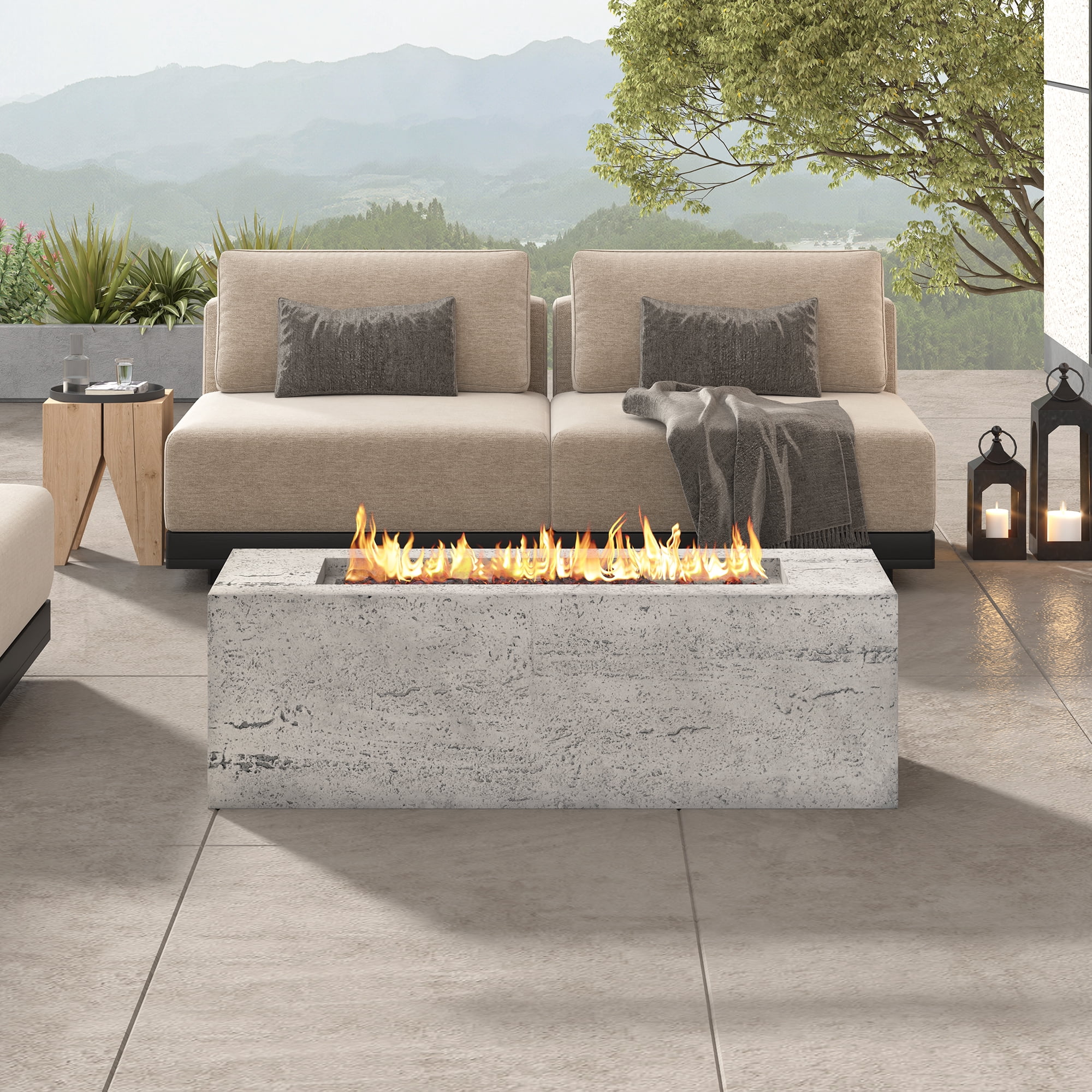 Harper & Bright Designs Outdoor Rectangular Propane Fire Pit 40000 BTU, 41.9''MGO Patio Heater with Stainless Steel Burner and Free Lava Rocks, Waterproof Cover for Courtyard, Beige+Grey