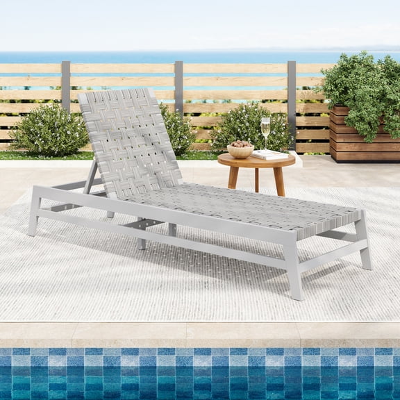 Harper & Bright Designs Outdoor Rope Chaise Lounge, Patio Acacia Wood Lounge Chair with Adjustable Backrest, All Weather Pool Chair for Beach Garden, Gray+Light Gray