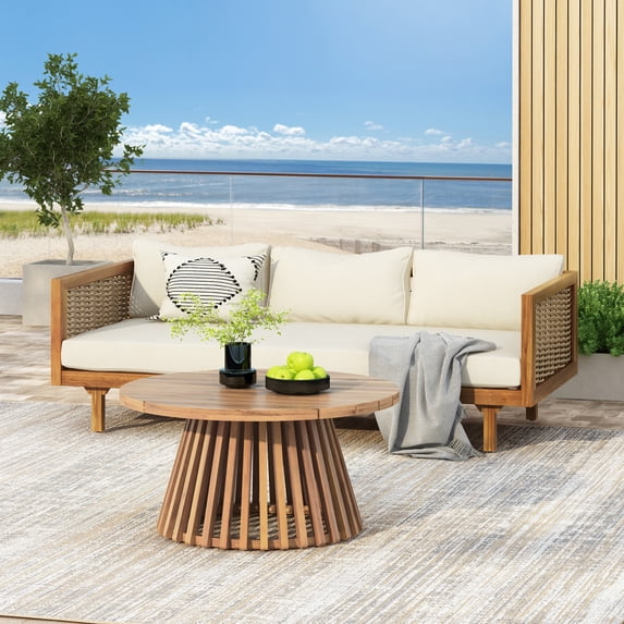 Harper & Bright Designs Outdoor Wicker Couch Set, Patio 3 Seater Sofa with Coffee Table, Patio Deep Seat Sofa with Cushions for Garden, Beige+Teak