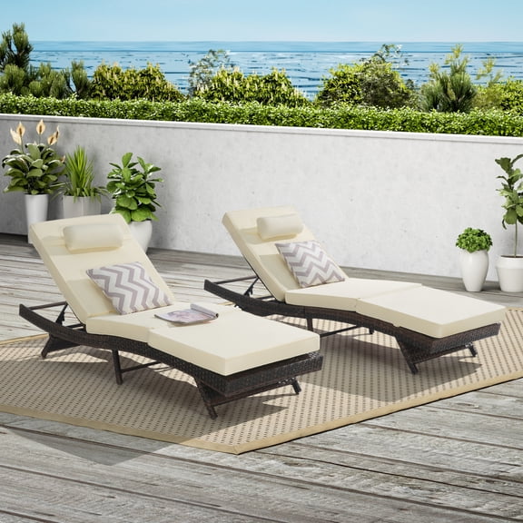 Harper & Bright Designs Outdoor Wicker Lounge Chairs Set of 2, Sunbathing Chaise Lounge with Cushions, Adjustable Poolside Lounge Chairs, Brown+khaki