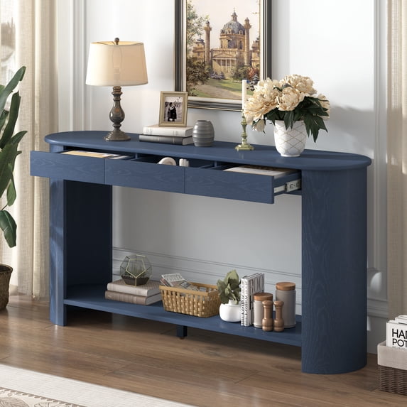 Harper & Bright Designs Oval Console Table with 3 Drawers, Farmhouse Entryway Table with Bottom Shelf, Wood Curved Sofa Table for Living Room,Hallway, Navy Blue 59.8"