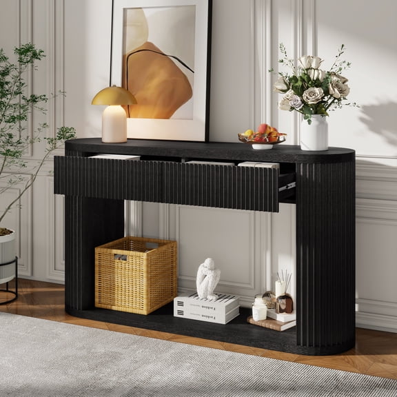 Harper & Bright Designs Oval Fluted Console Table with 2 Storage Drawers, Solid Wood Entryway Table with Bottom Shelf, Farmhouse Curved Sofa Table with Smooth Metal Slides for Living Rooms, Black