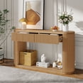 thumbnail image 1 of Harper & Bright Designs Oval Fluted Console Table with 2 Storage Drawers, Solid Wood Entryway Table with Bottom Shelf, Farmhouse Curved Sofa Table with Smooth Metal Slides for Living Rooms, Natural, 1 of 10