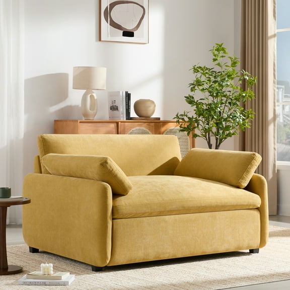Harper & Bright Designs Oversized Chenille Single Sofa Chair, Accent Chair with Wide and Deep Seat, Upholstered Comfy Armchair with Pillows for Living Room, Yellow