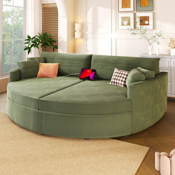 Harper & Bright Designs Oversized Double Chaise Lounge Sofa, Corduroy Curved Loveseat Sofa Half Moon Couch with Deep Seat and USB Ports for Living Room, Green