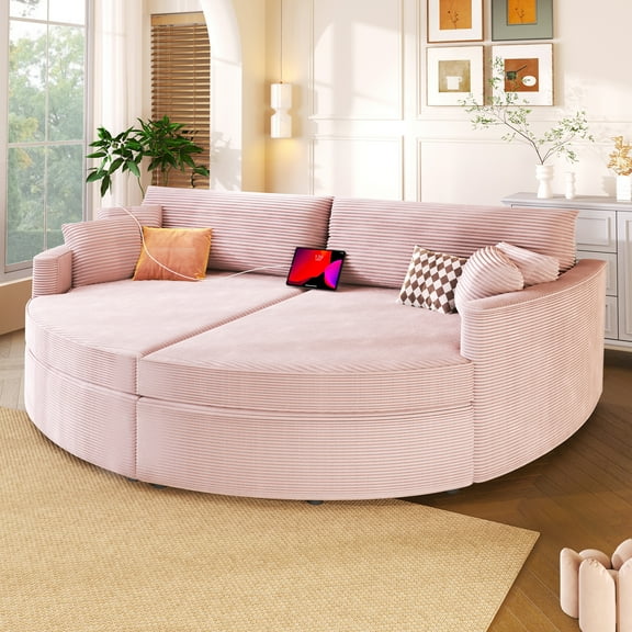 Harper & Bright Designs Oversized Double Chaise Lounge Sofa, Corduroy Curved Loveseat Sofa Half Moon Couch with Deep Seat and USB Ports for Living Room, Pink