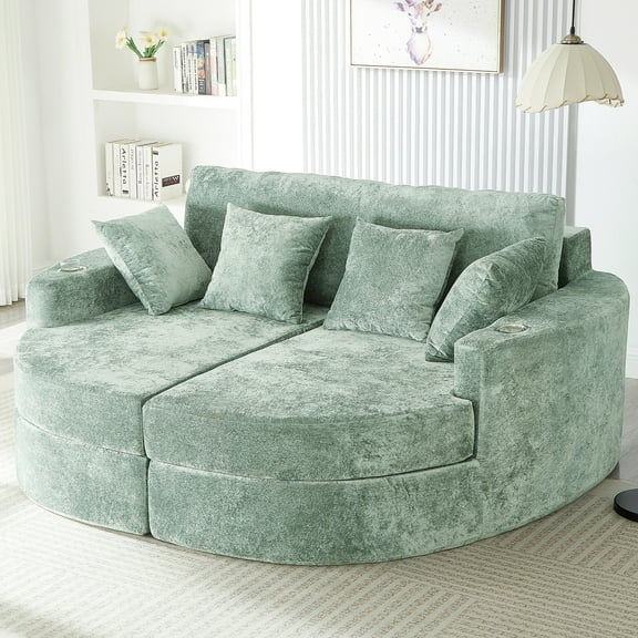 Harper & Bright Designs Oversized Foam Chaise Indoor Lounge, Chenille Boneless Curved Lounge Couch, Compressed Floor Single Sofa Chair with Two Cup Holders for Living Room, Green