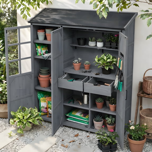 Harper & Bright Designs Patio Garden Shed Storage, Wood Outdoor Storage Cabine with Doors and Shelves Drawers, Tall Patio Shed with Workstation and Waterproof Roof for Backyard, Gray