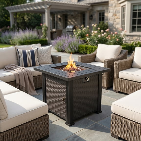 Harper & Bright Designs Patio Steel Propane Firepit with Steel Lid, 50000 BTU, Outdoor Square Gas-burning Fire Pit with Rocks for Deck Backyard, 28 inch, Black