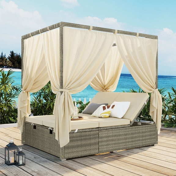 Harper & Bright Designs Patio Sunbed Daybed, Wicker Outdoor Adjustable Canopy Bed with Retractable Canopy, Rattan Sun Lounger Patio Loveseat Sofa Set with Curtain, Beige