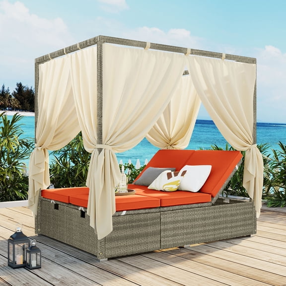 Harper & Bright Designs Patio Sunbed Daybed, Wicker Outdoor Adjustable Canopy Bed with Retractable Canopy, Rattan Sun Lounger Patio Loveseat Sofa Set with Curtain, Orange