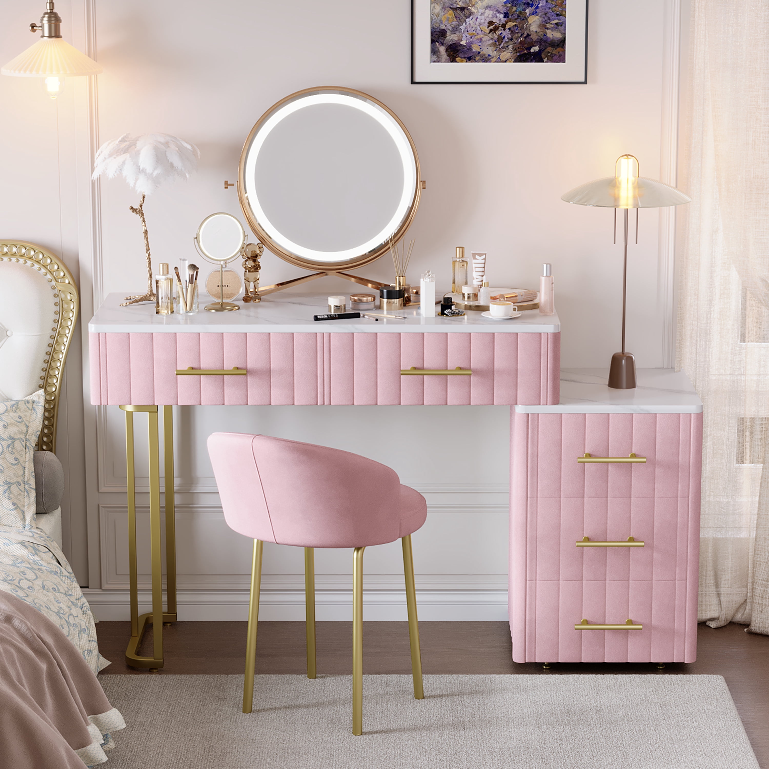 Harper & Bright Designs Pink Velvet Makeup Vanity Table Set with Padded