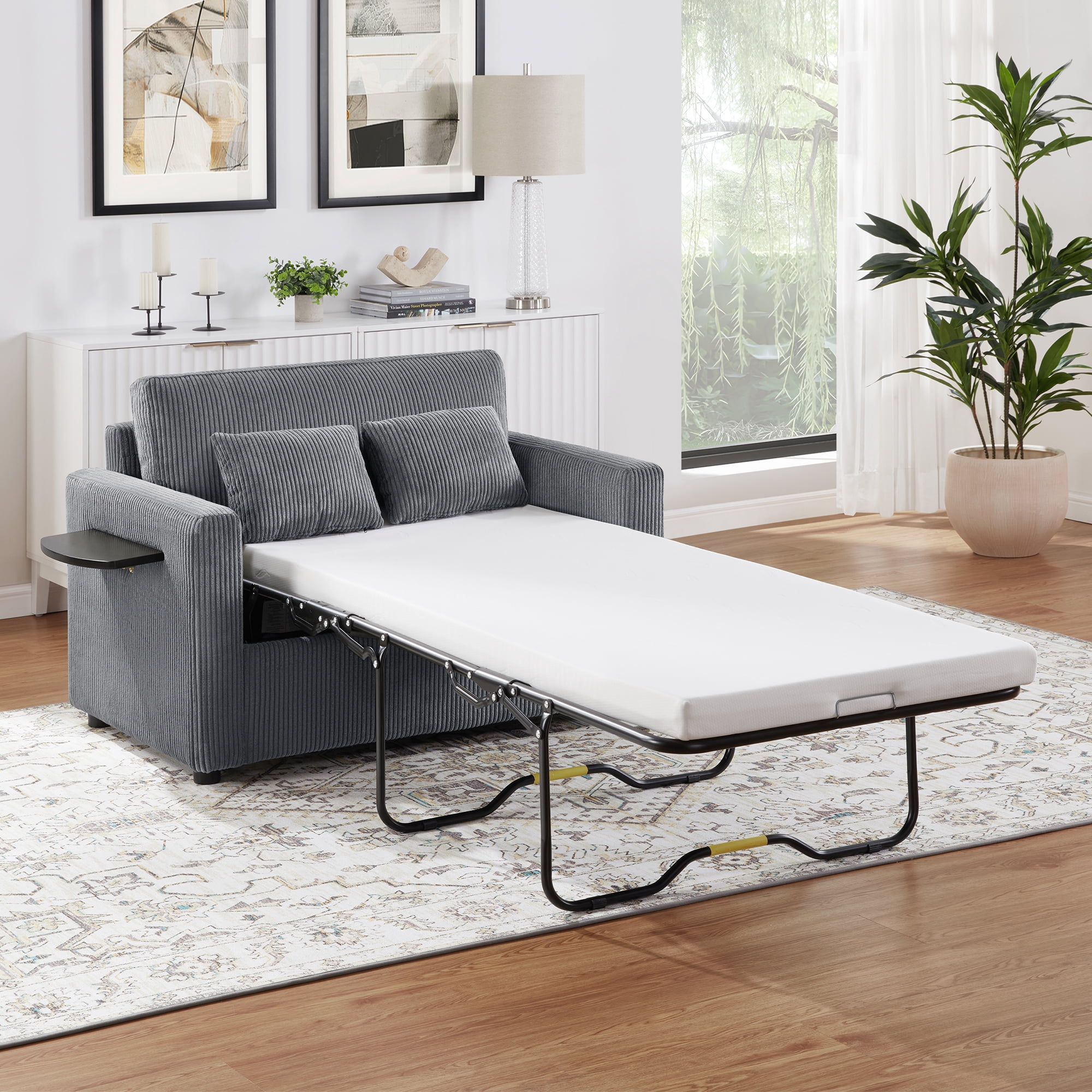 Harper & Bright Designs Pull Out Couch Bed with Mattress, Twin Size Convertible Sofa Bed with Foldable Side Table, Loveseat Sleeper for Living Room Apartment, Gray