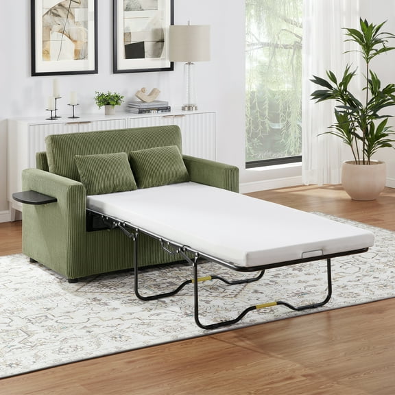 Harper & Bright Designs Pull Out Couch Bed with Mattress, Twin Size Convertible Sofa Bed with Foldable Side Table, Loveseat Sleeper for Living Room Apartment, Green
