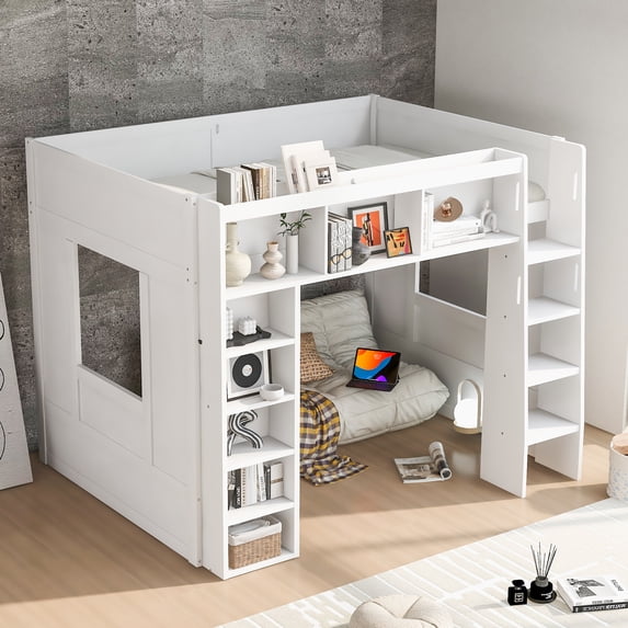 Harper & Bright Designs Queen Hight Loft Bed with Storage Shelves & Cabinet, Solid Wood Loft Bed Frame with Bookcase and Under-Bed Space for Dorm Apartment, White